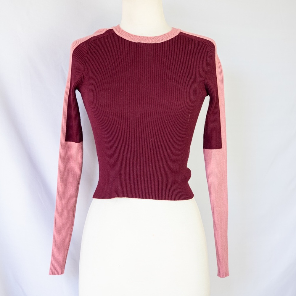 Zara Burgundy and Pink Ribbed Long Sleeve Tee
